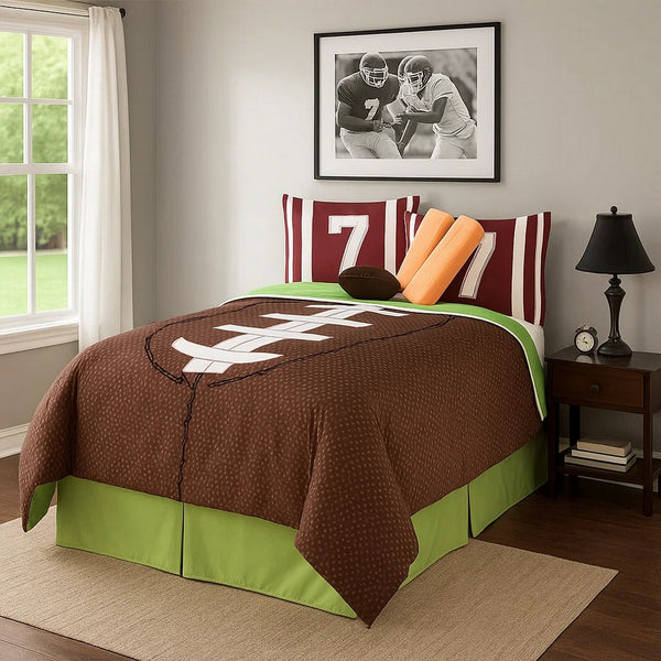 5 Piece Twin Comforter Set with Football Field Print, Brown and Green - BM225153