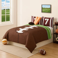 5 Piece Twin Comforter Set with Football Field Print, Brown and Green - BM225153