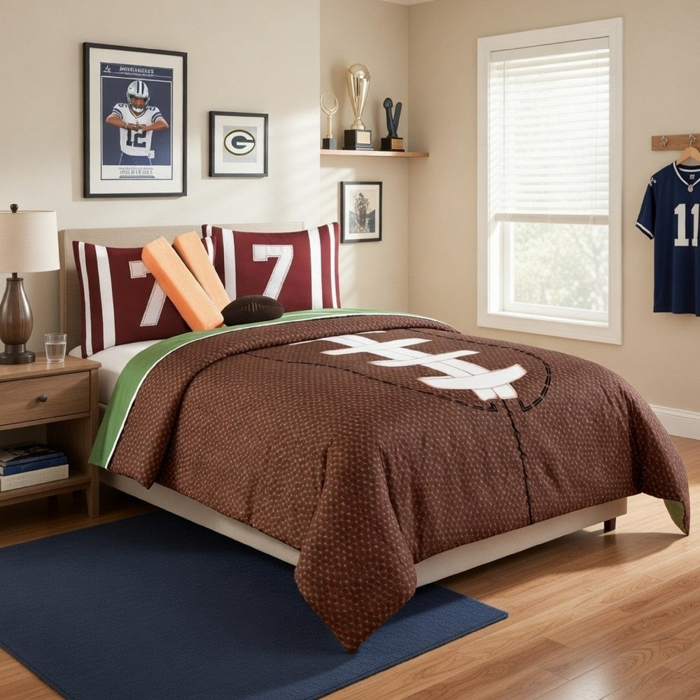 6 Piece Full Comforter Set with Football Field Print, Brown and Green - BM225154