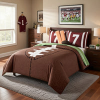 6 Piece Full Comforter Set with Football Field Print, Brown and Green - BM225154