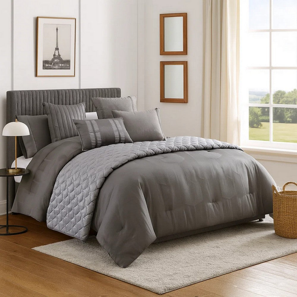 10 Piece Queen Polyester Comforter Set with Geometric Print, Gray - BM225160