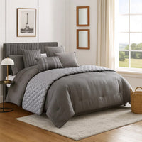10 Piece Queen Polyester Comforter Set with Geometric Print, Gray - BM225160