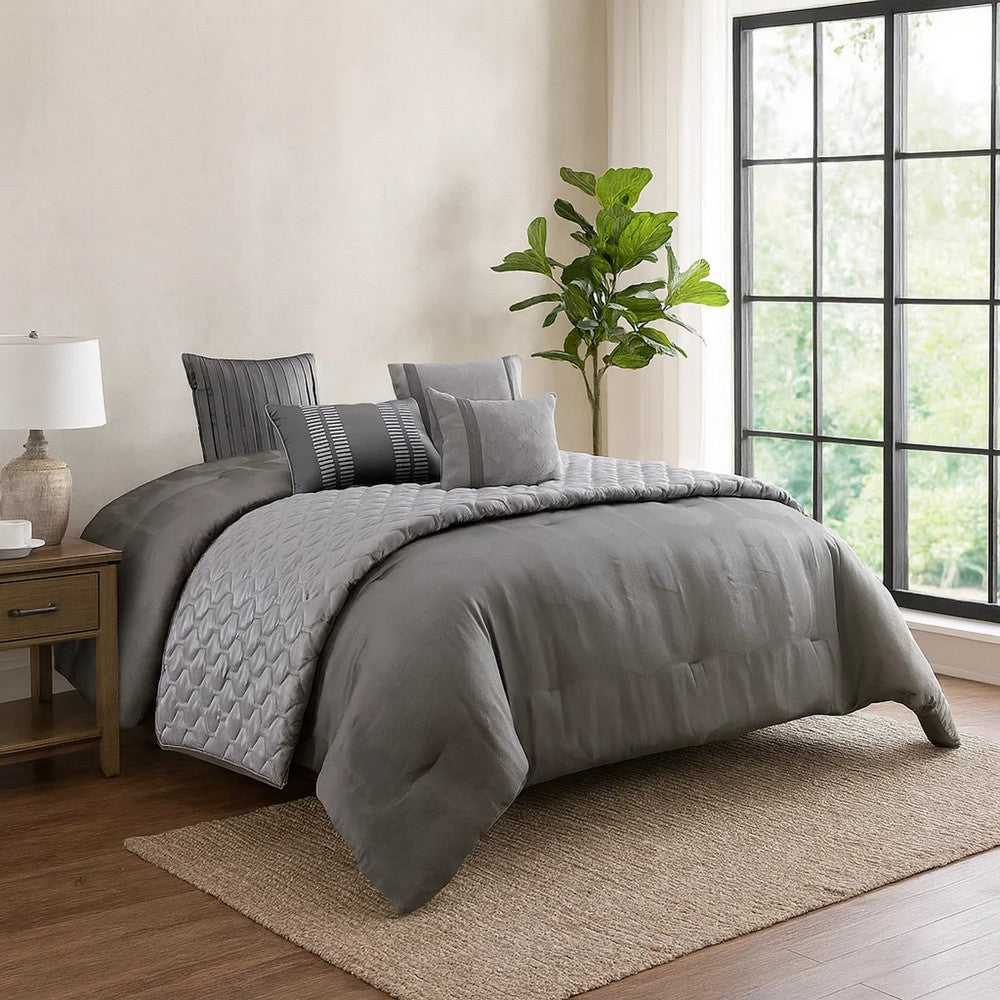 10 Piece Queen Polyester Comforter Set with Geometric Print, Gray - BM225160