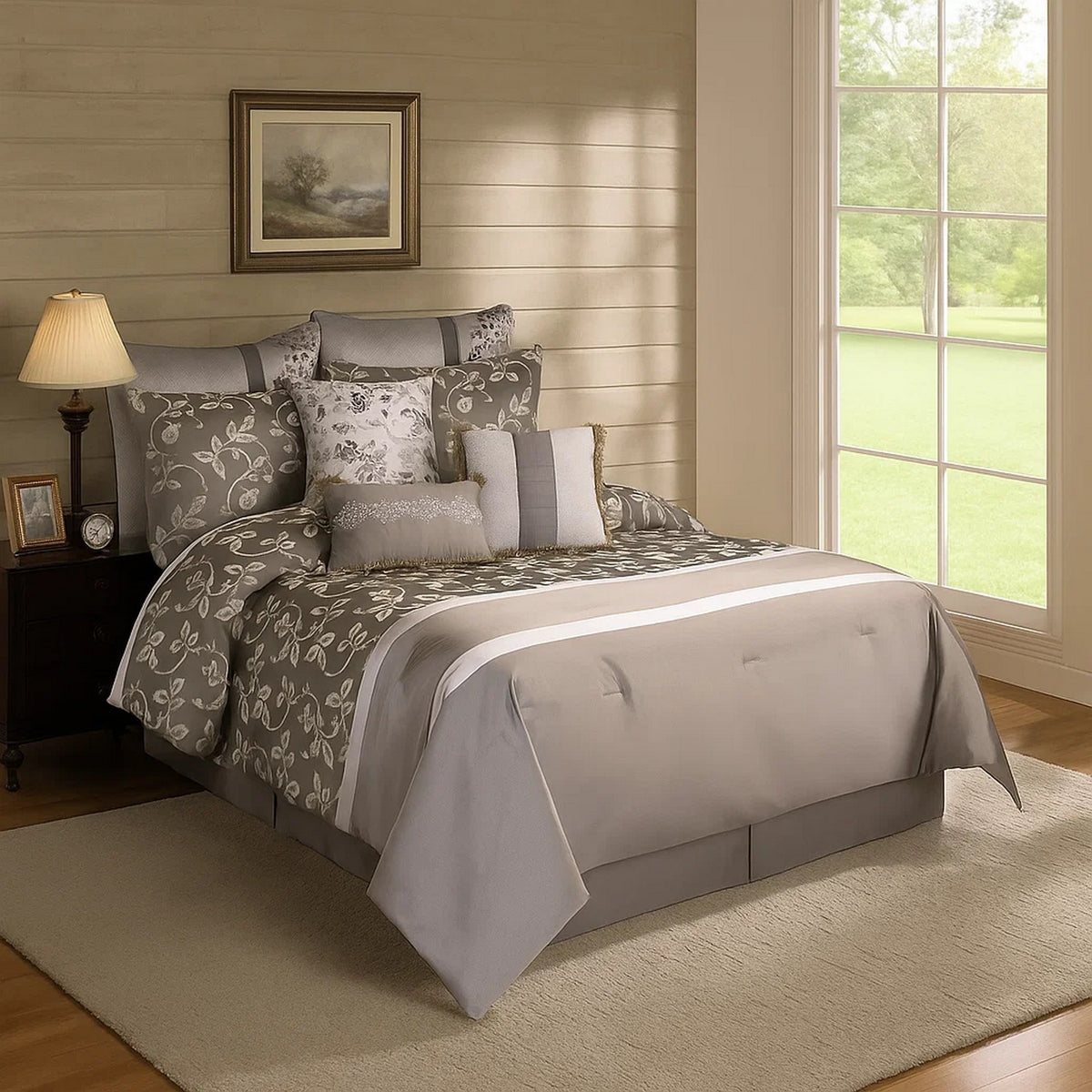 10 Piece King Polyester Comforter Set with Leaf Print, Platinum Gray - BM225167
