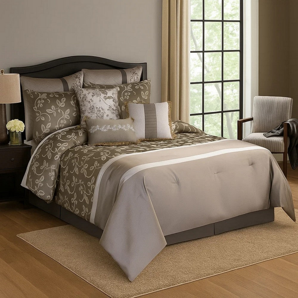 10 Piece King Polyester Comforter Set with Leaf Print, Platinum Gray - BM225167