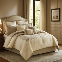 10 Piece King Polyester Comforter Set with Damask Print, Cream and Gold - BM225169