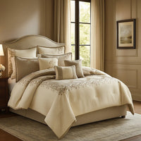 10 Piece King Polyester Comforter Set with Damask Print, Cream and Gold - BM225169