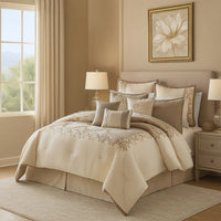 10 Piece King Polyester Comforter Set with Damask Print, Cream and Gold - BM225169