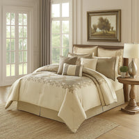 9 Piece Queen Polyester Comforter Set with Damask Print, Cream and Gold - BM225170
