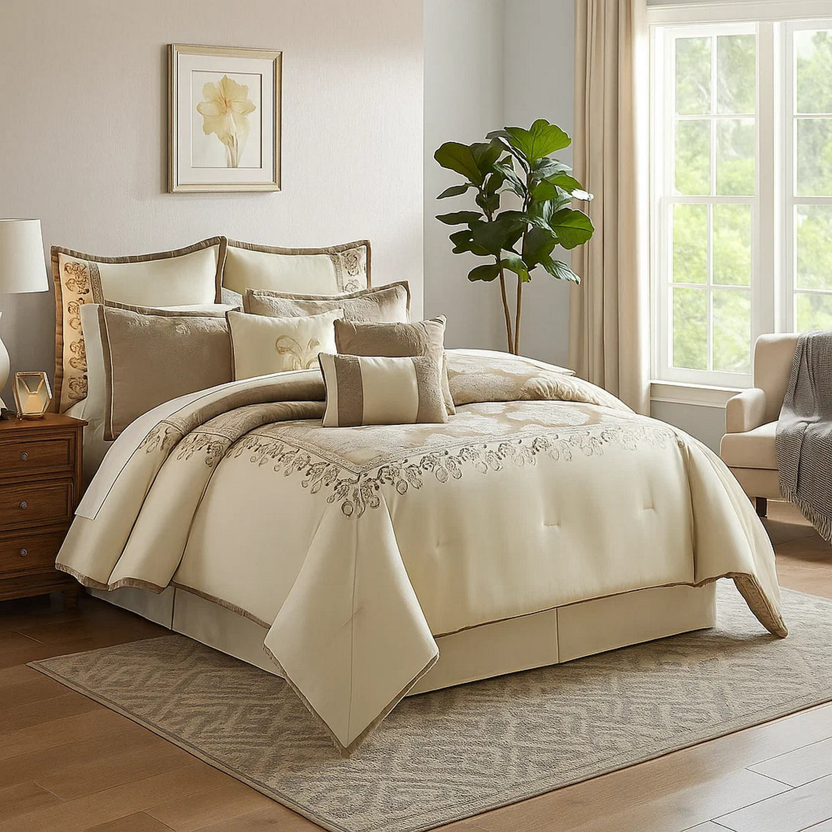 9 Piece Queen Polyester Comforter Set with Damask Print, Cream and Gold - BM225170