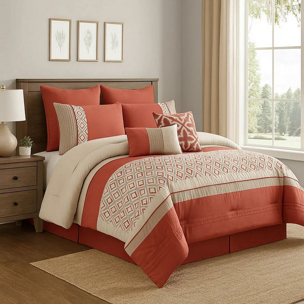 8 Piece King Polyester Comforter Set with Geometric Embroidery, Orange - BM225171