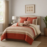 8 Piece King Polyester Comforter Set with Geometric Embroidery, Orange - BM225171