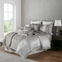 12 Piece Queen Polyester Comforter Set with Medallion Print, Platinum Gray - BM225174