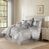 12 Piece Queen Polyester Comforter Set with Medallion Print, Platinum Gray - BM225174
