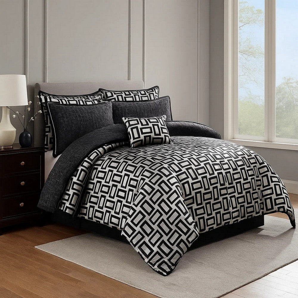6 Piece Polyester King Comforter Set with Geometric Print, Gray and Black - BM225175