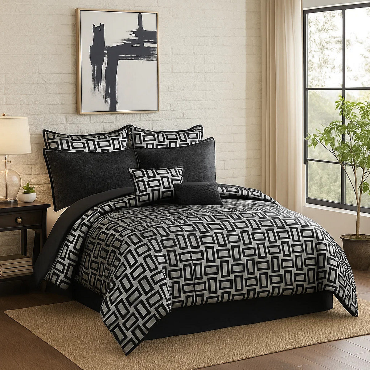 6 Piece Polyester King Comforter Set with Geometric Print, Gray and Black - BM225175