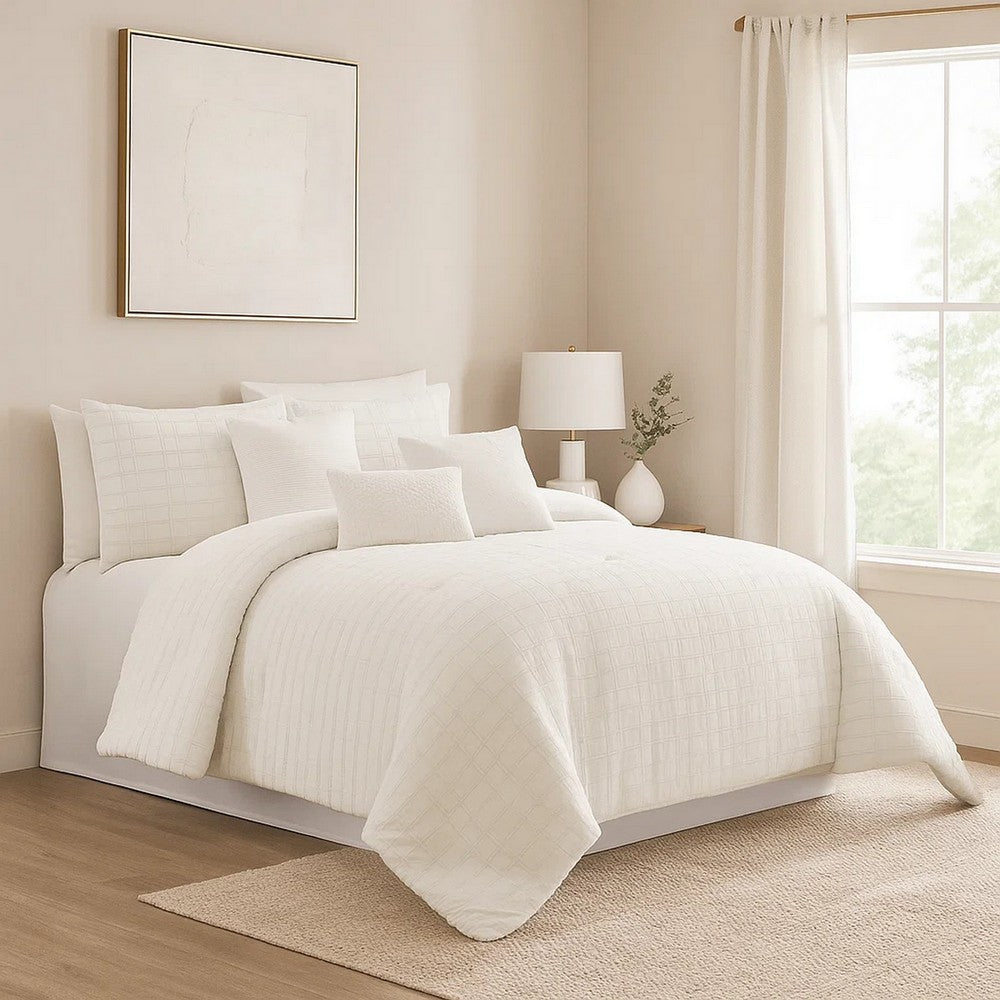 7 Piece Cotton King Comforter Set with Fringe Details, White - BM225177