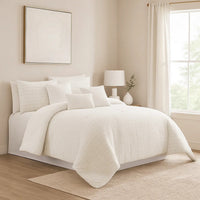 7 Piece Cotton King Comforter Set with Fringe Details, White - BM225177
