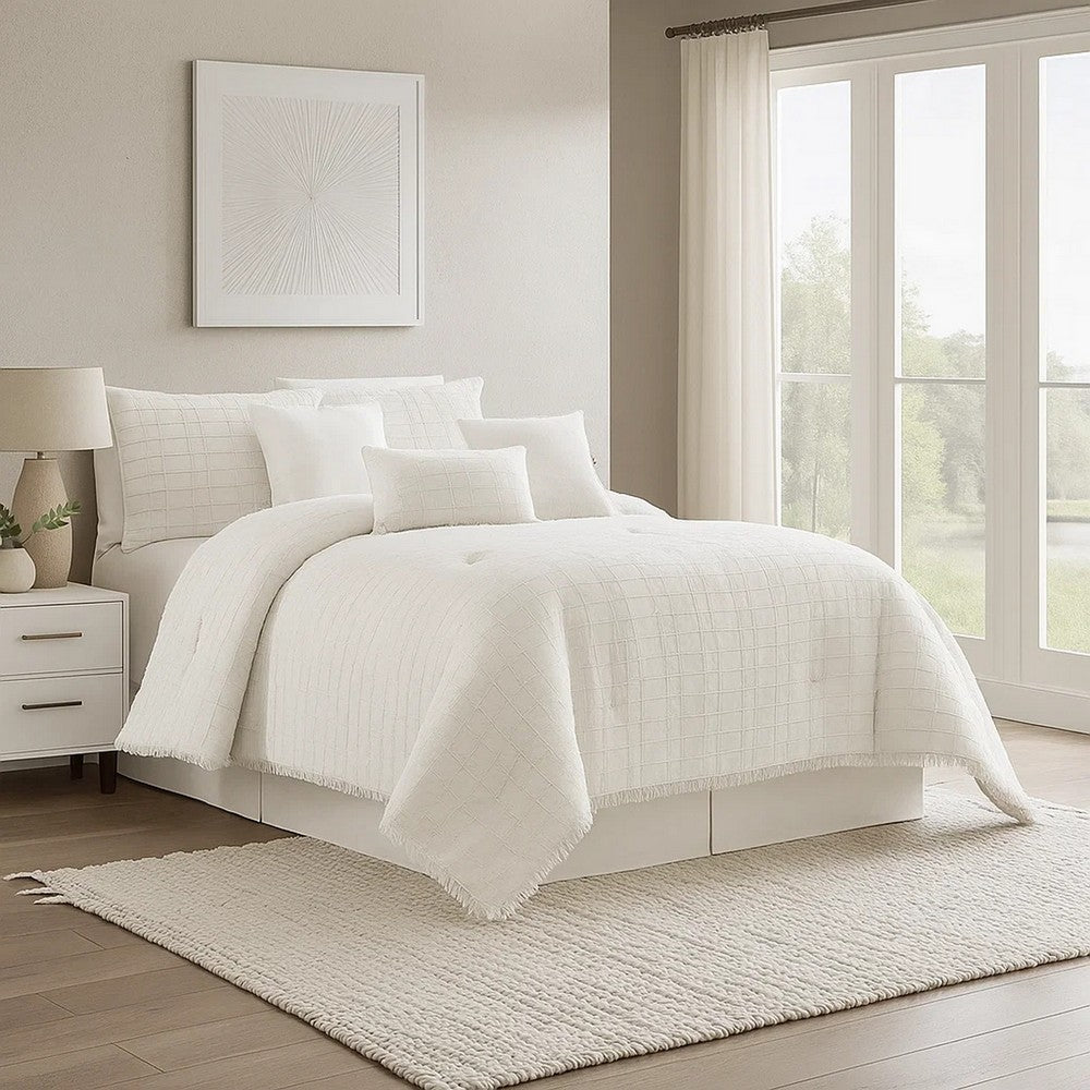 7 Piece Cotton Queen Comforter Set with Fringe Details, White - BM225178