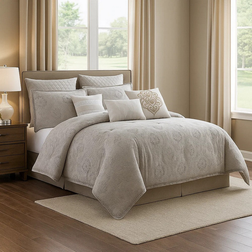 10 Piece King Cotton Comforter Set with Textured Floral Print, Gray - BM225179