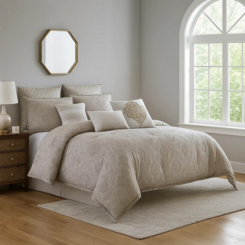 9 Piece Queen Cotton Comforter Set with Textured Floral Print, Gray - BM225180