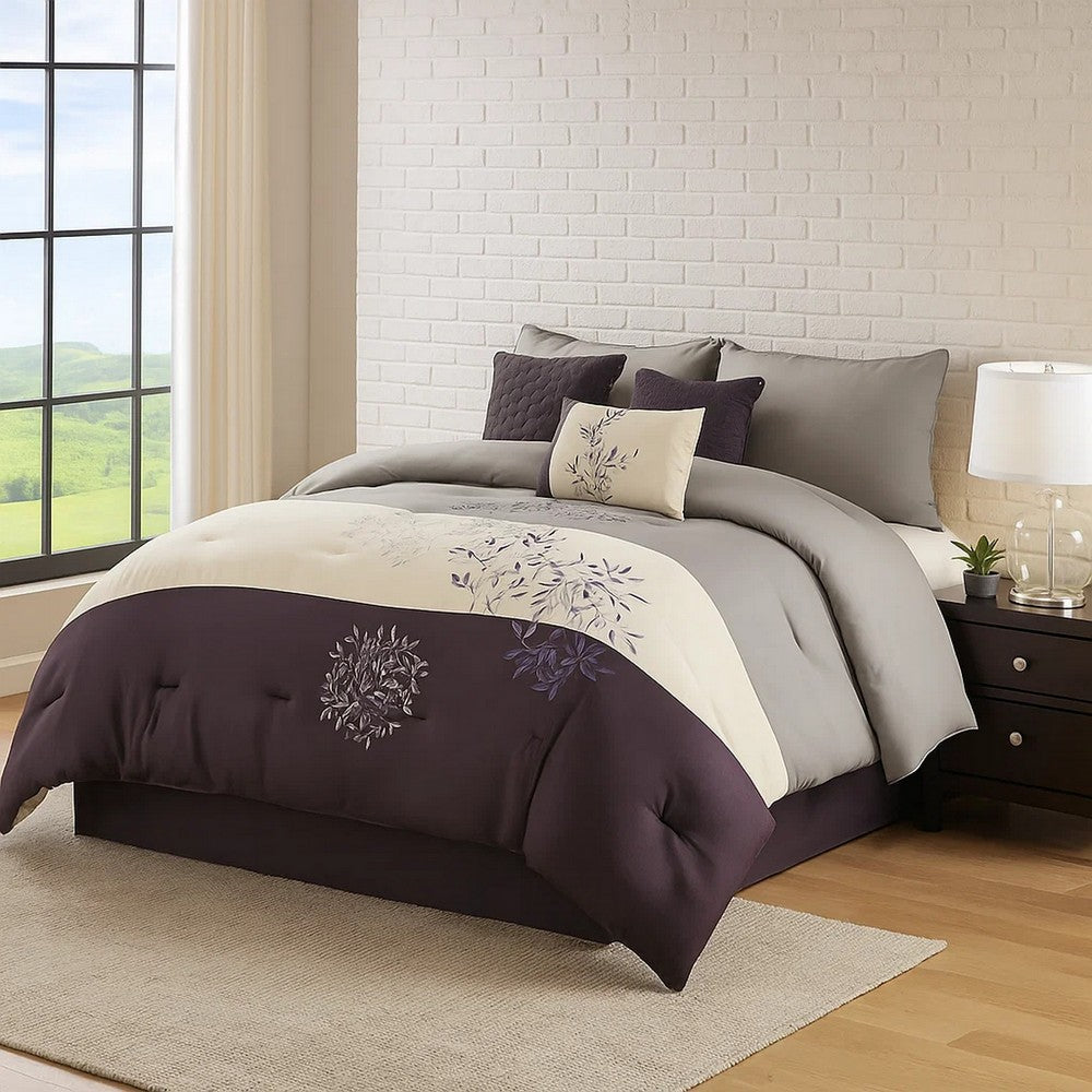 7 Piece King Polyester Comforter Set with Leaf Embroidery, Gray and Purple - BM225189