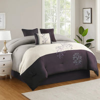 7 Piece King Polyester Comforter Set with Leaf Embroidery, Gray and Purple - BM225189