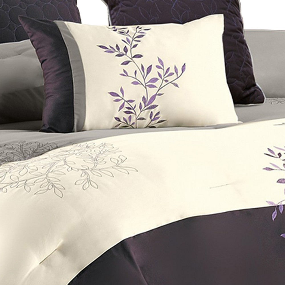 7 Piece Queen Polyester Comforter Set with Leaf Embroidery, Gray and Purple - BM225190