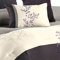 7 Piece Queen Polyester Comforter Set with Leaf Embroidery, Gray and Purple - BM225190