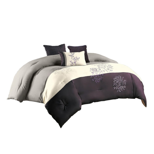 7 Piece Queen Polyester Comforter Set with Leaf Embroidery, Gray and Purple - BM225190