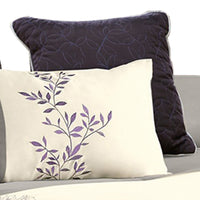 7 Piece Queen Polyester Comforter Set with Leaf Embroidery, Gray and Purple - BM225190