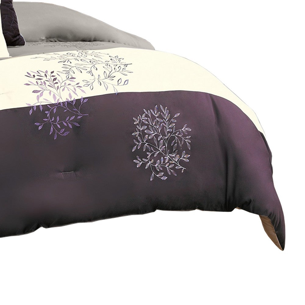 7 Piece Queen Polyester Comforter Set with Leaf Embroidery, Gray and Purple - BM225190