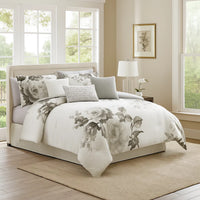 7 Piece Cotton King Comforter Set with Floral Print, Gray and White - BM225191