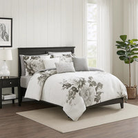 7 Piece Cotton King Comforter Set with Floral Print, Gray and White - BM225191