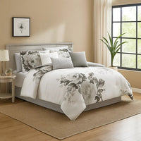 7 Piece Cotton Queen Comforter Set with Floral Print, Gray and White - BM225192