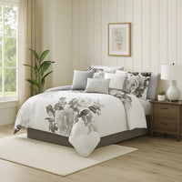 7 Piece Cotton Queen Comforter Set with Floral Print, Gray and White - BM225192