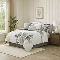 7 Piece Cotton Queen Comforter Set with Floral Print, Gray and White - BM225192