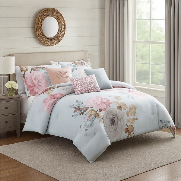 King Size 7 Piece Fabric Comforter Set with Floral Prints, Multicolor - BM225193