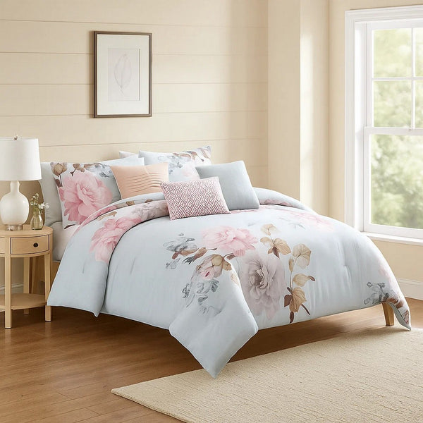 Queen Size 7 Piece Fabric Comforter Set with Floral Prints, Multicolor - BM225194