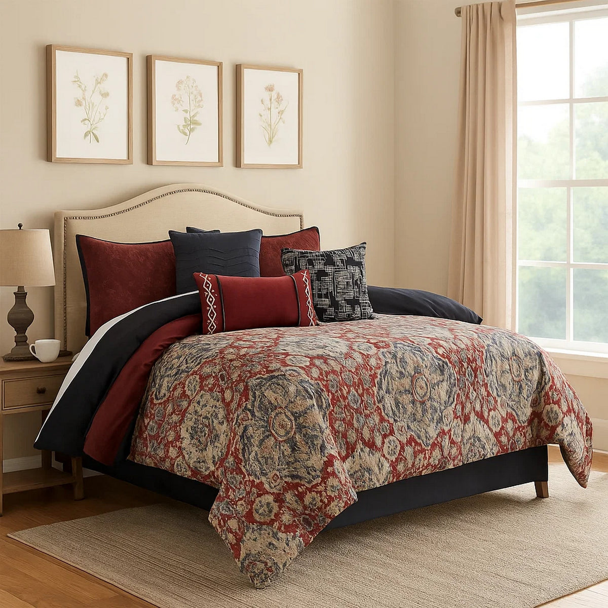 10 Piece King Size Comforter Set with Medallion Print, Red and Blue - BM225195
