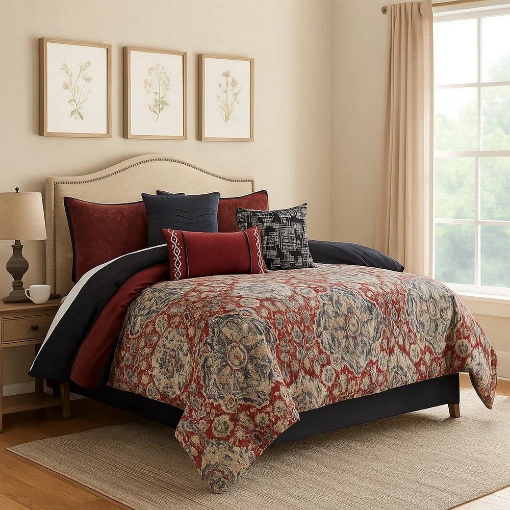 10 Piece King Size Comforter Set with Medallion Print, Red and Blue - BM225195