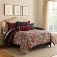 10 Piece King Size Comforter Set with Medallion Print, Red and Blue - BM225195
