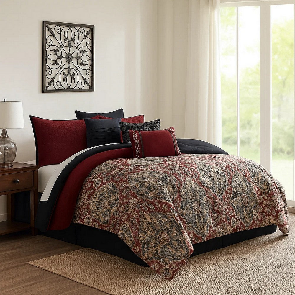 10 Piece King Size Comforter Set with Medallion Print, Red and Blue - BM225195
