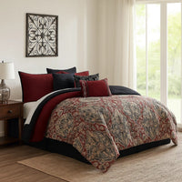 10 Piece King Size Comforter Set with Medallion Print, Red and Blue - BM225195