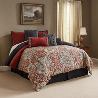 9 Piece Queen Size Comforter Set with Medallion Print, Red and Blue - BM225196