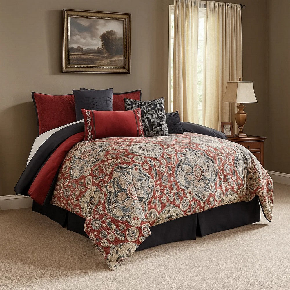 9 Piece Queen Size Comforter Set with Medallion Print, Red and Blue - BM225196