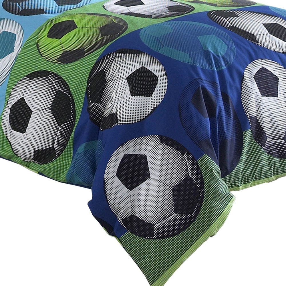 3 Piece Twin Size Comforter Set with Soccer Theme, Multicolor - BM225199