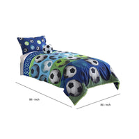 3 Piece Twin Size Comforter Set with Soccer Theme, Multicolor - BM225199