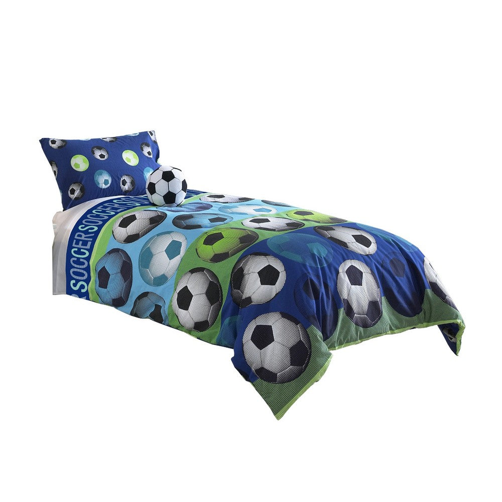 3 Piece Twin Size Comforter Set with Soccer Theme, Multicolor - BM225199