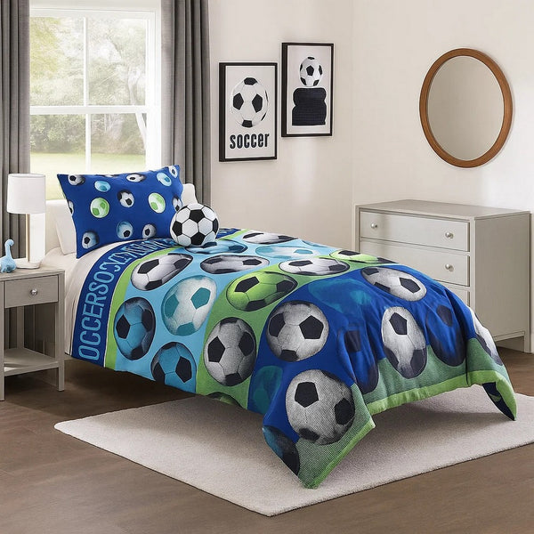 4 Piece Full Size Comforter Set with Soccer Theme, Multicolor - BM225200